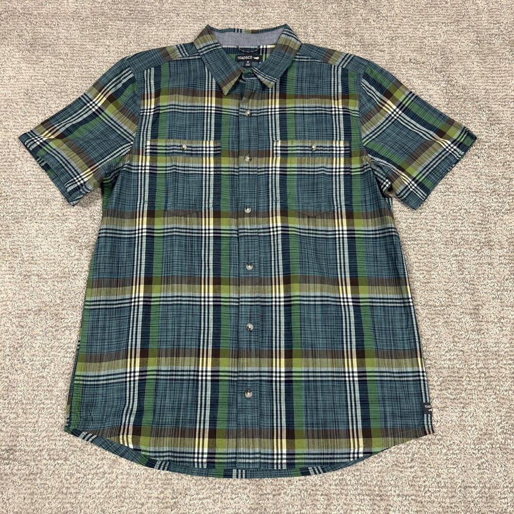 Toad & Co Shirt Mens Medium Green Blue Plaid Short Sleeve Smythy Organic Cotton